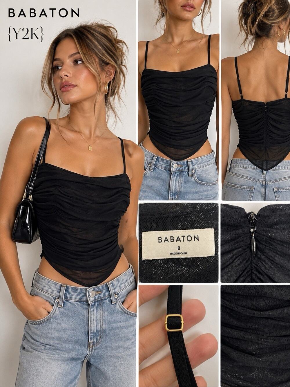 Babaton Black Ruched Mesh Cami Top Y2K Asymmetrical Pointed Hem Size 8